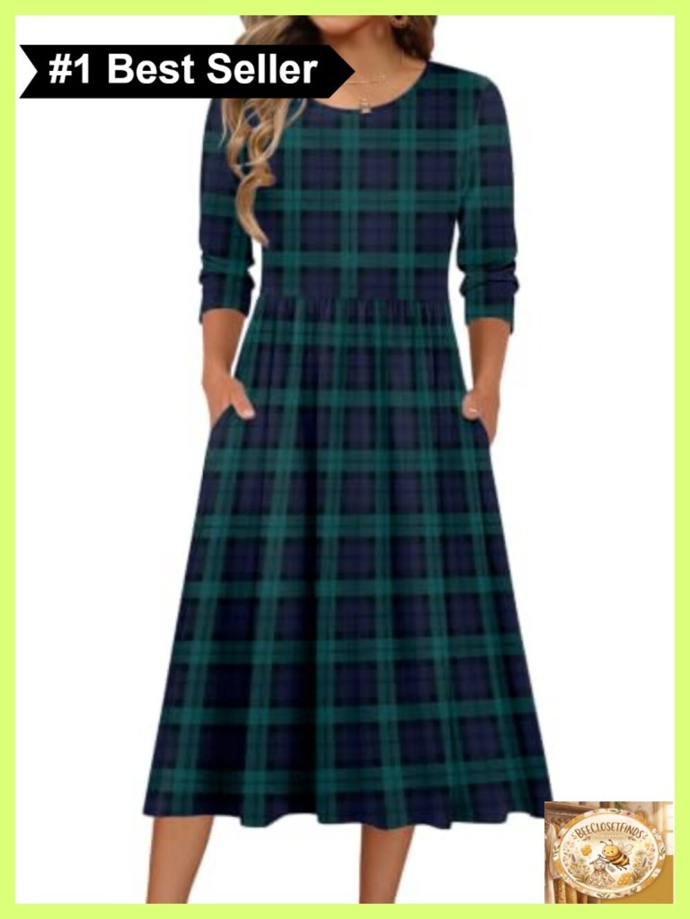 Zeagoo 3/4 Sleeve Women's Midi Dress A-Line Casual Crew Neck Pockets
